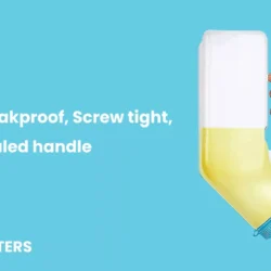 Hand holding a white male urinal bottle with yellow liquid and blue lid.
