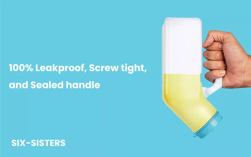 Hand holding a white male urinal bottle with yellow liquid and blue lid.