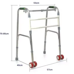 Foldable Zimmer frame with wheels and adjustable height.