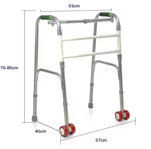 Foldable Zimmer frame with wheels and adjustable height.