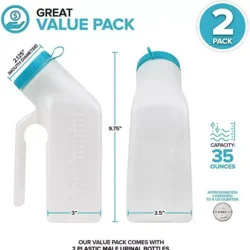 Two white male urinal bottles with blue lids, labeled as a 2 pack.