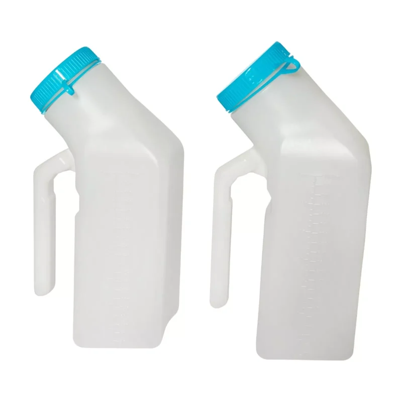 Two white male urinal bottles with blue lids and handles.