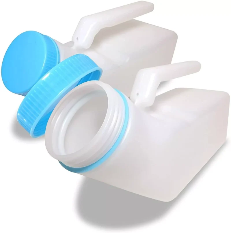 Two white male urinal bottles with blue lids and handles.