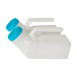 Two white male urinal bottles with blue lids and handles.