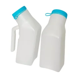 Two white male urinal bottles with blue lids and handles.