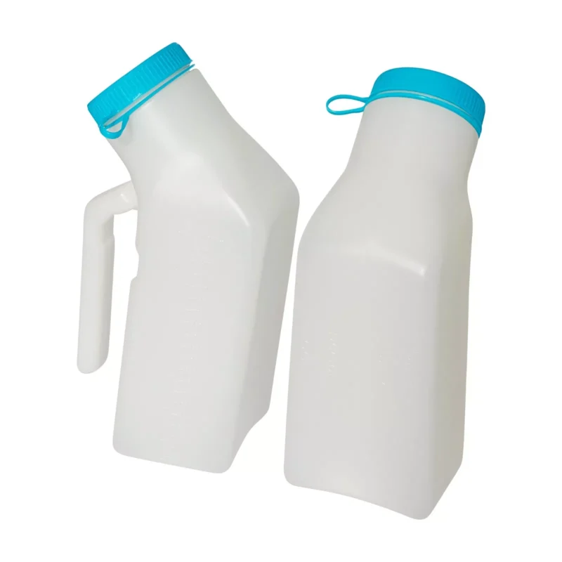 Two white male urinal bottles with blue lids and handles.