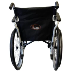 Rear view of a self-propelled wheelchair with black upholstery and visible logo.