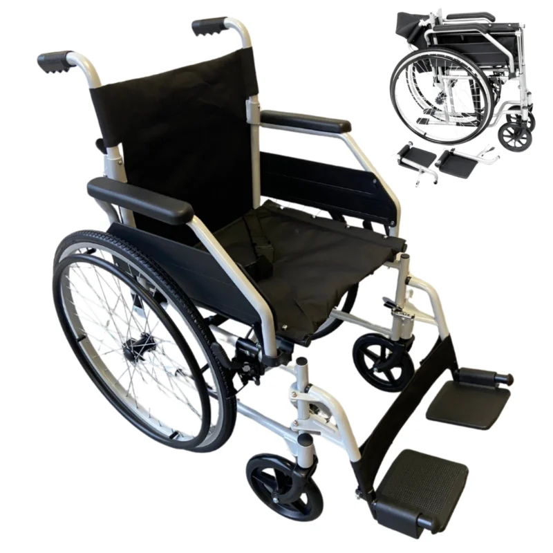Self-propelled wheelchair with folding capability and adjustable footrests.