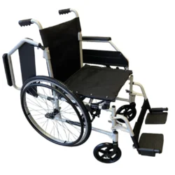 Self propelled wheelchair with black seat and footrests.