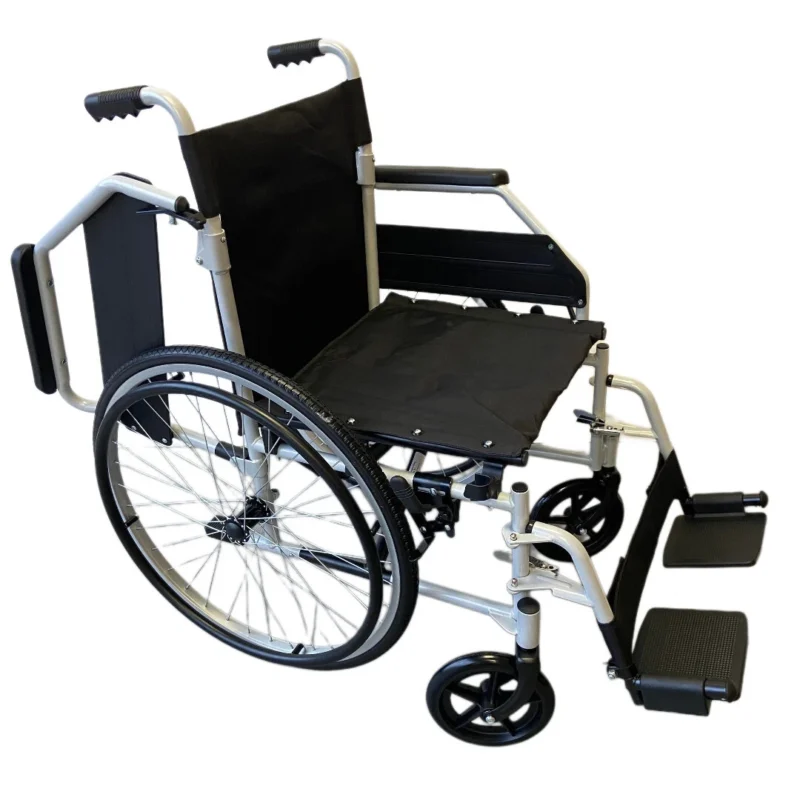Self propelled wheelchair with black seat and footrests.