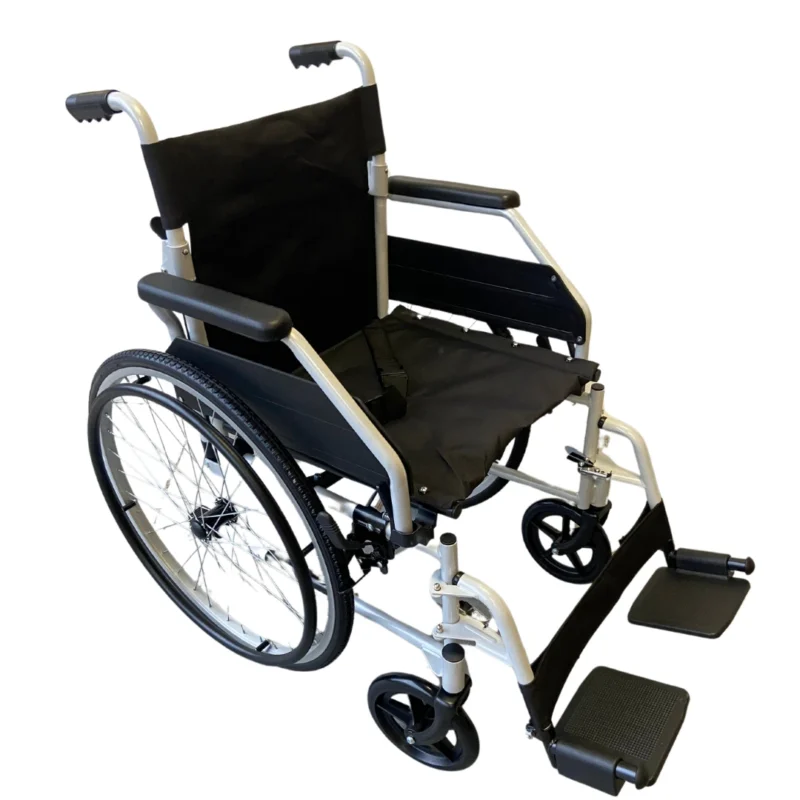 Self-propelled wheelchair with black seat and silver frame.