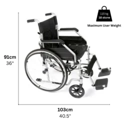 Side view of a self propelled wheelchair with dimensions.