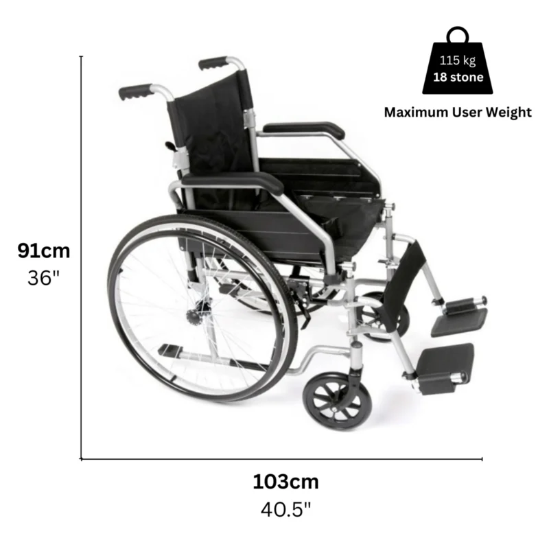 Side view of a self propelled wheelchair with dimensions.