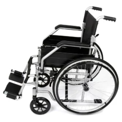 Side view of a folding self-propelled wheelchair with black upholstery.