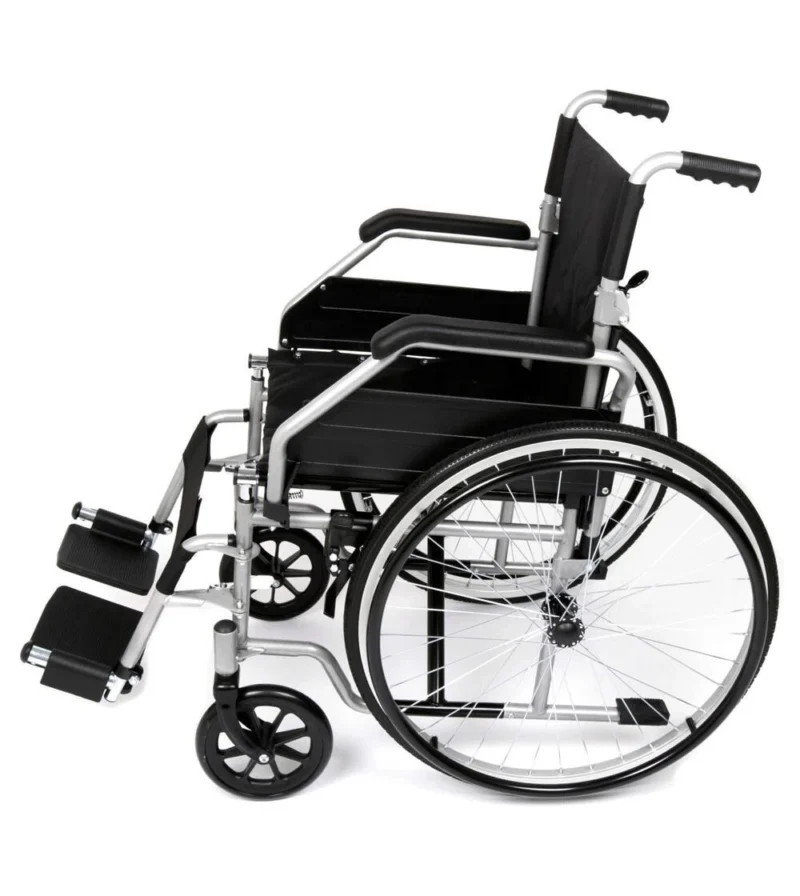 Side view of a folding self-propelled wheelchair with black upholstery.
