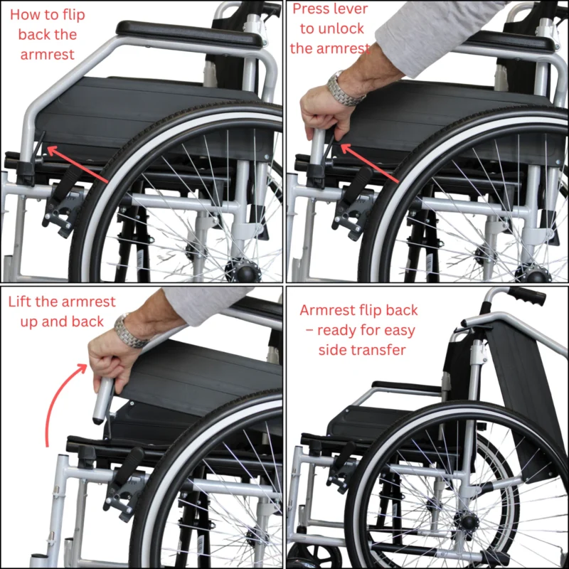 Steps showing how to flip back the armrest on a self-propelled wheelchair.