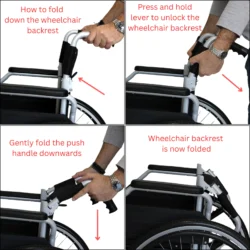Instructions for folding the wheelchair backrest in four steps.