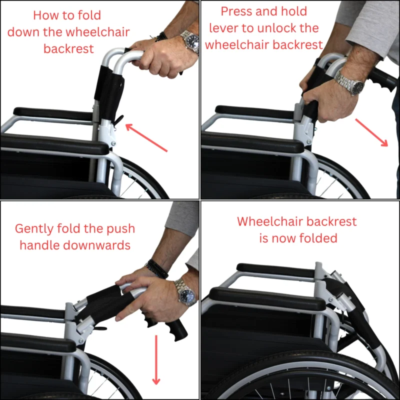 Instructions for folding the wheelchair backrest in four steps.
