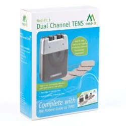 Packaging of a Dual Channel TENS Machine with electrodes.