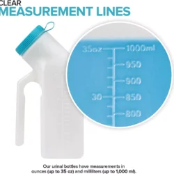 White male urinal bottle with blue lid and measurement lines.