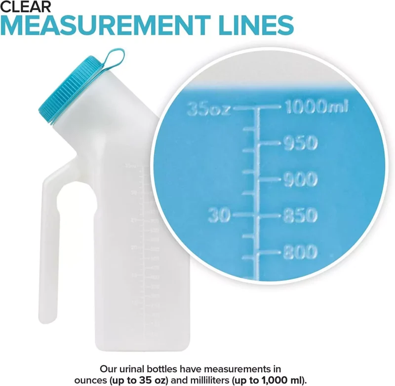 White male urinal bottle with blue lid and measurement lines.