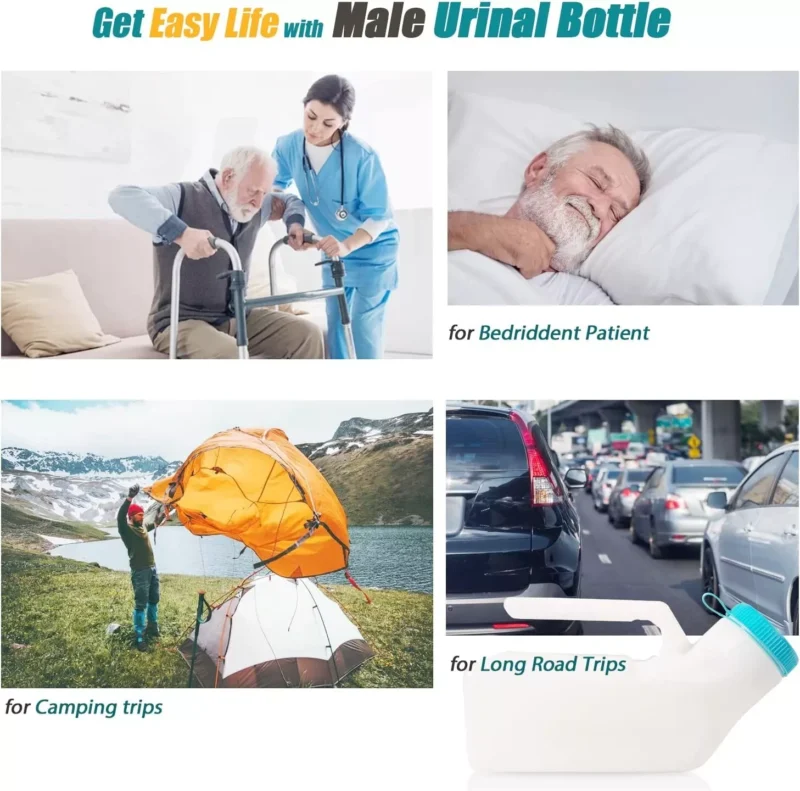 Collage showing male urinal bottle and various usage scenarios.