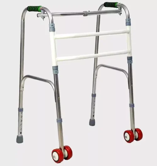 Foldable aluminium walker with red wheels and adjustable height.