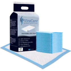 ViraCare disposable bed pads package with stack of blue pads.