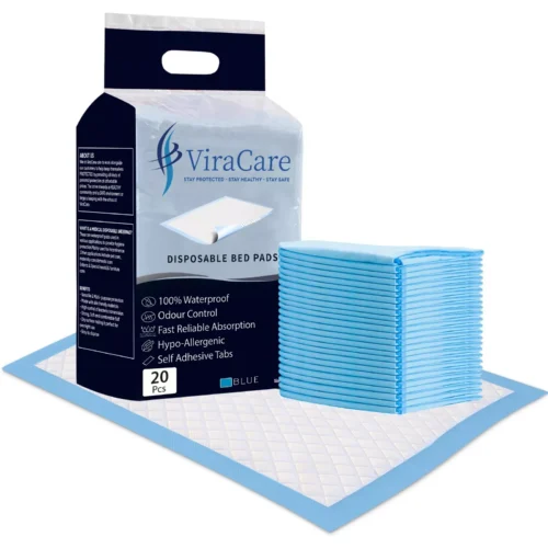 ViraCare disposable bed pads package with stack of blue pads.
