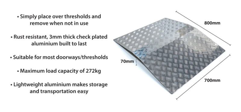 Aluminium bridge ramp with checker plate finish and dimensions.