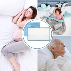 Collage showing incontinence bed sheets and people resting.