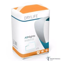 Drylife AllNights disposable bed pads package with adhesive strips, pack of 25.
