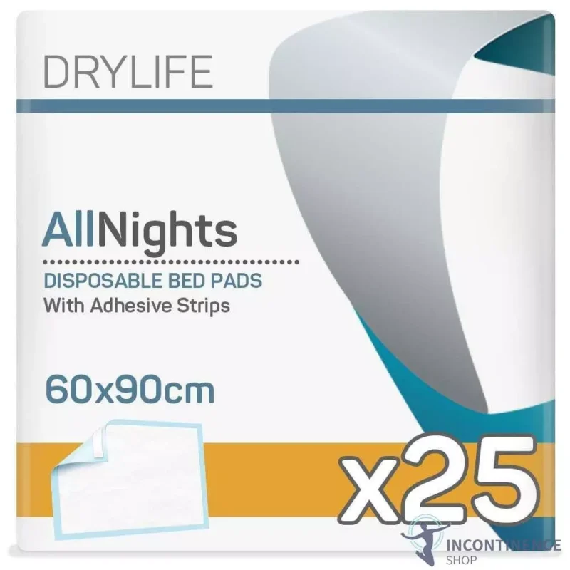 Drylife AllNights disposable bed pads pack of 25, 60x90cm.