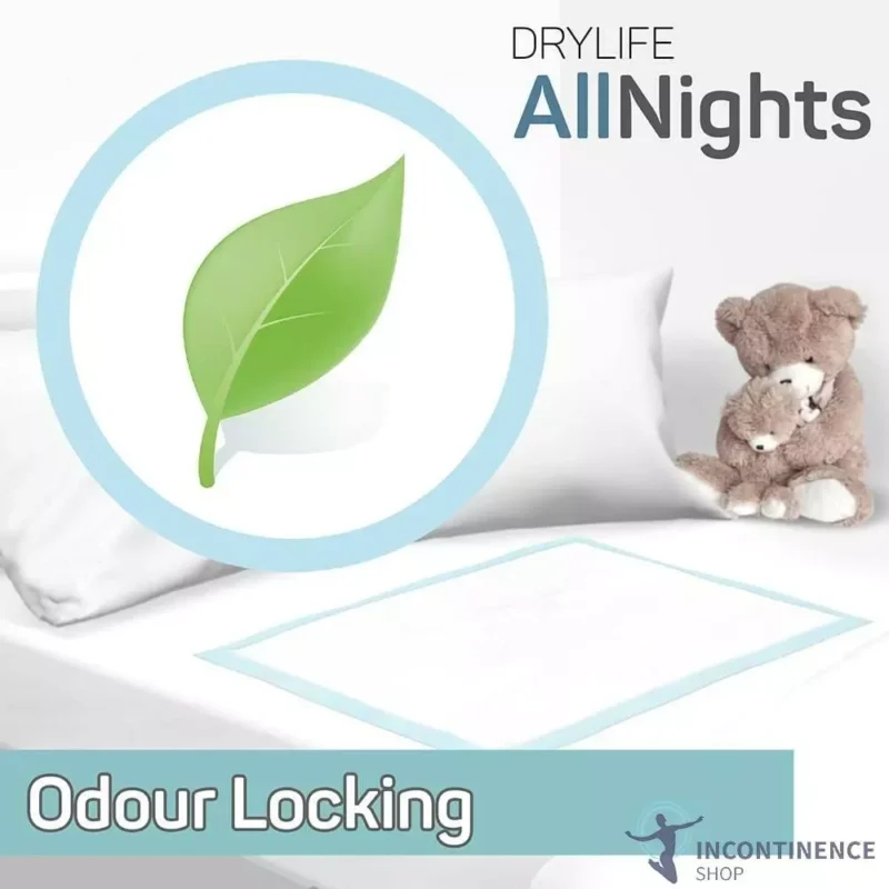 Incontinence bed pad on a bed with a teddy bear, featuring odour locking text.