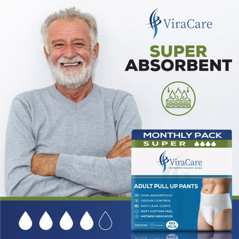 ViraCare Adult Pull Up Pants packaging with a smiling man.