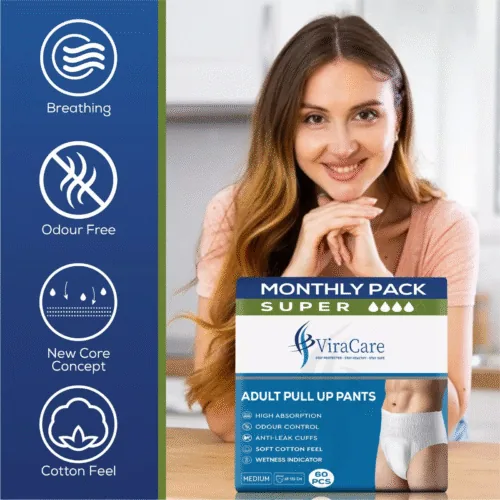 ViraCare Adult Pull Up Pants packaging with a smiling woman in the background.