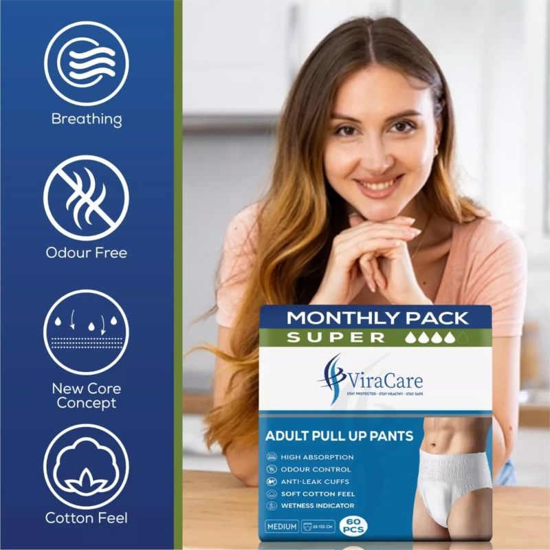 ViraCare Adult Pull Up Pants packaging with a smiling woman in the background.