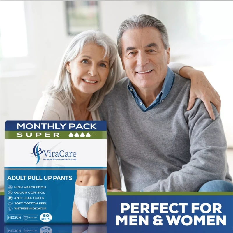 ViraCare Adult Pull Up Pants packaging with an elderly couple smiling.
