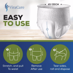 ViraCare adult pull up pants with size guide and usage instructions.
