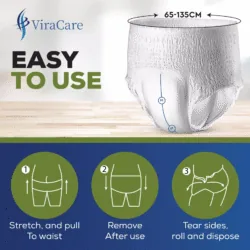 ViraCare adult pull up pants with size guide and usage instructions.