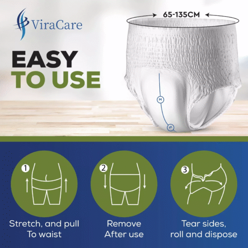 ViraCare adult pull up pants with size guide and usage instructions.