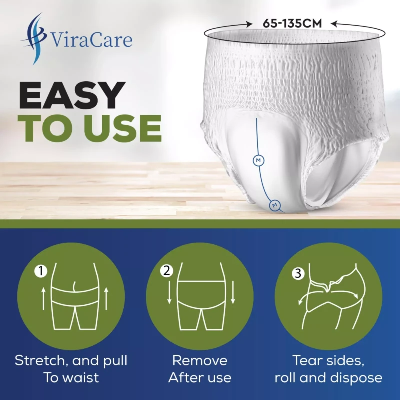 ViraCare adult pull up pants with size guide and usage instructions.