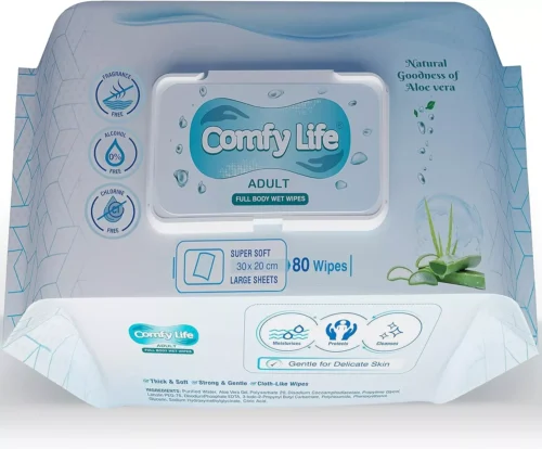 Comfy Life adult full body wet wipes pack with aloe vera image.