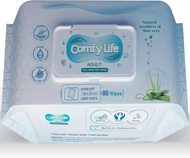 Comfy Life adult full body wet wipes pack with aloe vera image.