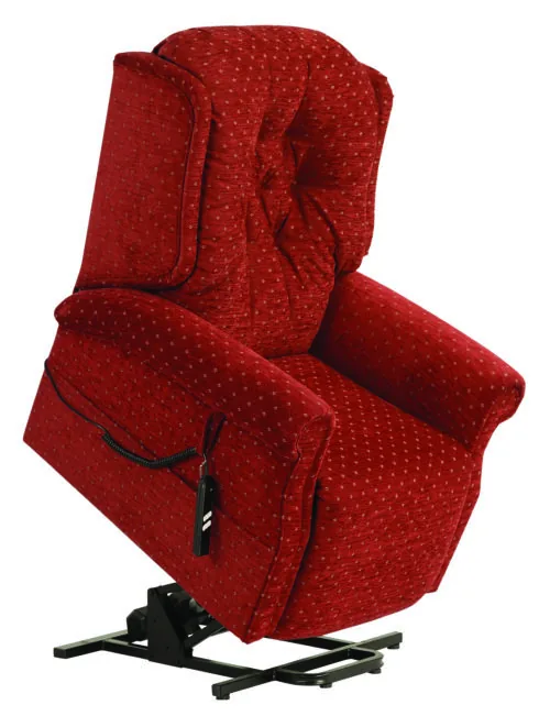 Red recliner chair in lifted position with a remote control.