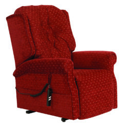 Red fabric riser recliner chair with a remote control.
