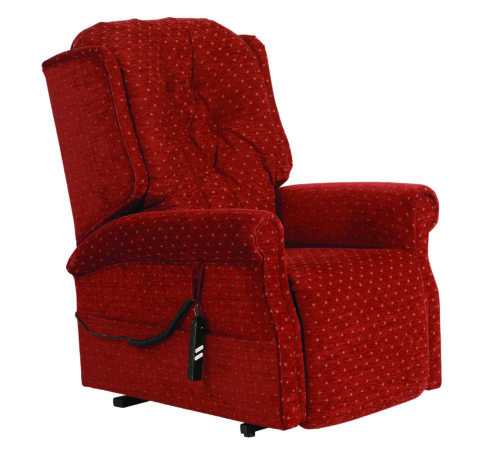 Red fabric riser recliner chair with a remote control.