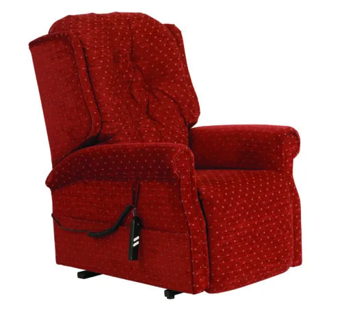 Red fabric riser recliner chair with a remote control.