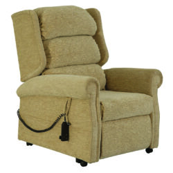 Beige riser recliner chair with floral pattern and remote control.