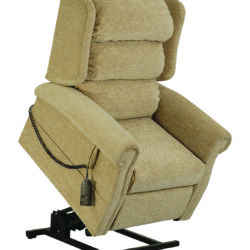 Beige riser recliner chair with a remote control attached.